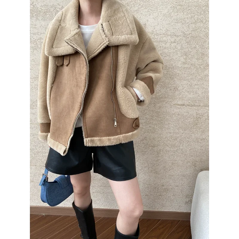 Fur Lapel Warm Padded Motorcycle Coat Women Loose Casual Basic Fashion Zipper Khaki Autumn Winter Long Sleeve Fake Fur Lady Coat