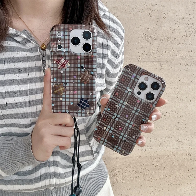 Coreano bonito 3d estrela xadrez padrão caso de telefone para iphone 17 pro 14 15 16 pro max capa com grânulo mão corda casos à prova de choque funda