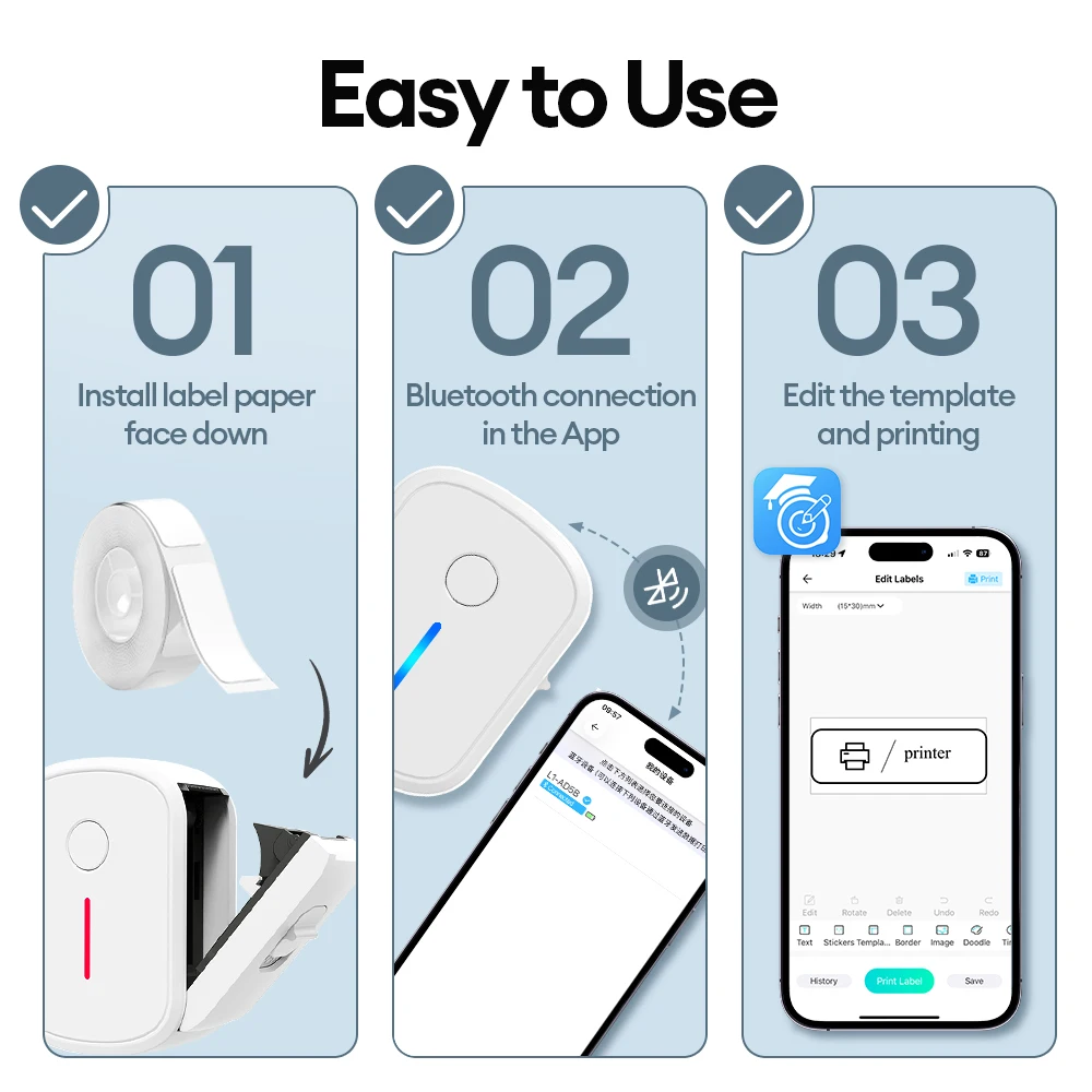 Portable Mini Label Printer Bluetooth Inkless Self-adhesive Thermal Labels Printer Sticker Maker Adhesive Mini Labeling Machine