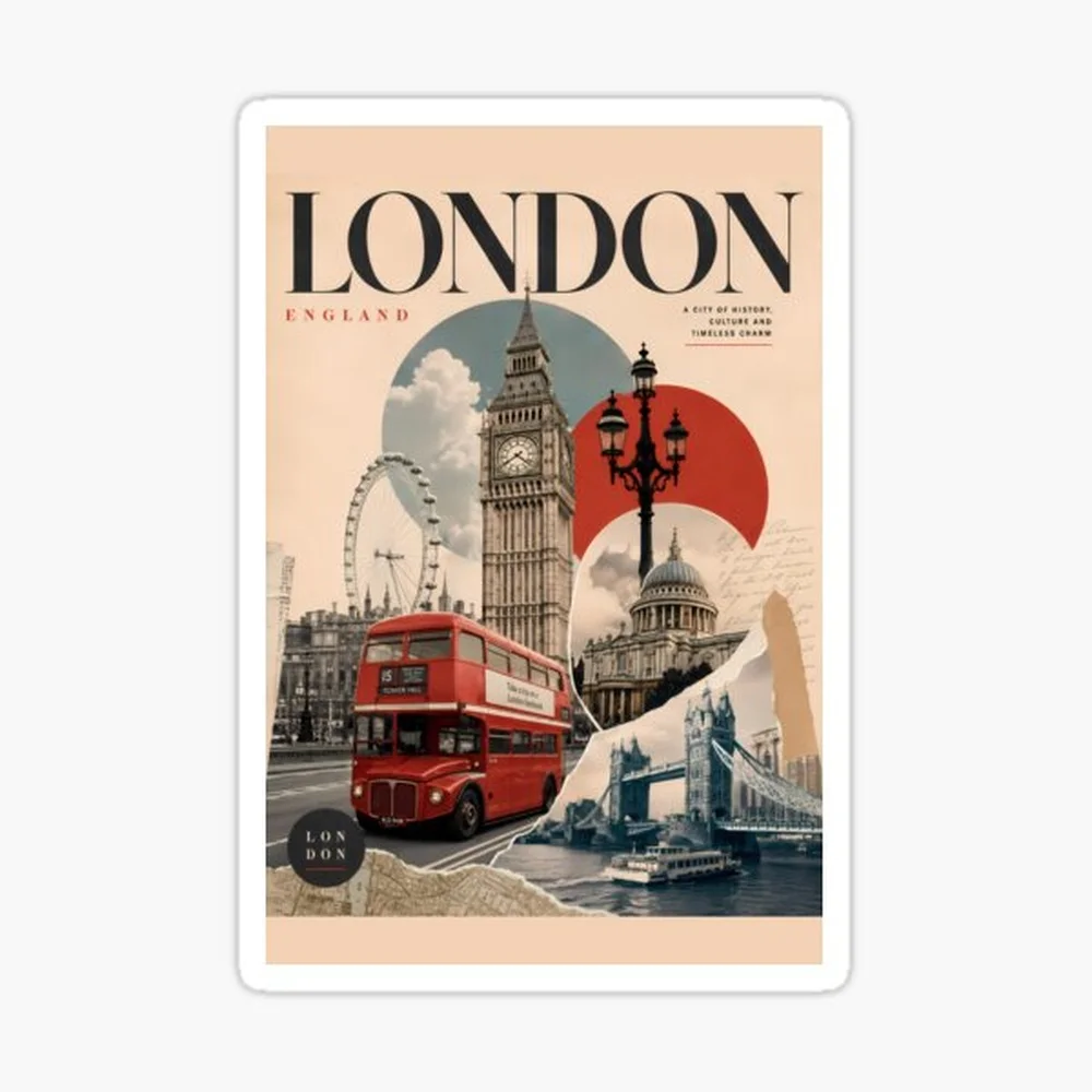 Wall Art - Postcard - London Timeless Charm Sticker for Laptop Decor Bedroom Car Cute Cartoon Art Fashionable Public Suitcase