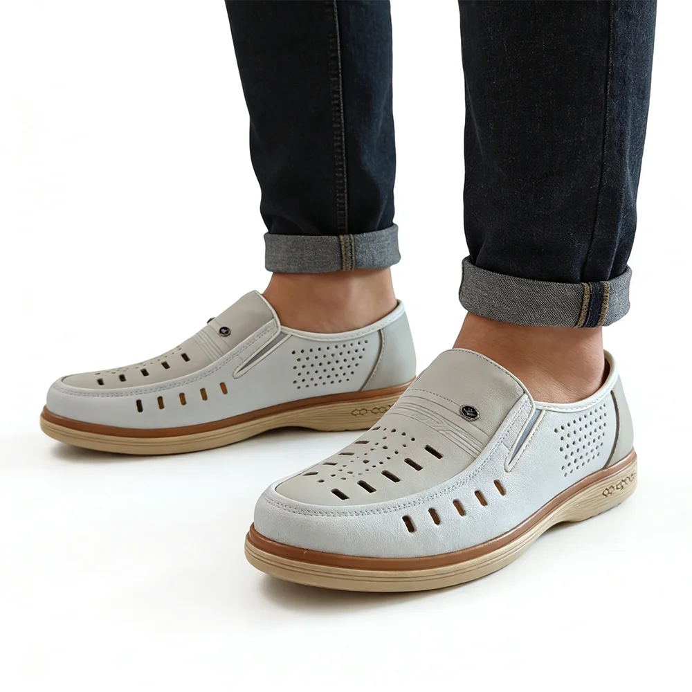 Summer Breathable Mens Genuine Leather Loafers White Slip-On Casual Business Flat Comfortable Driving Moccasins Office DX947