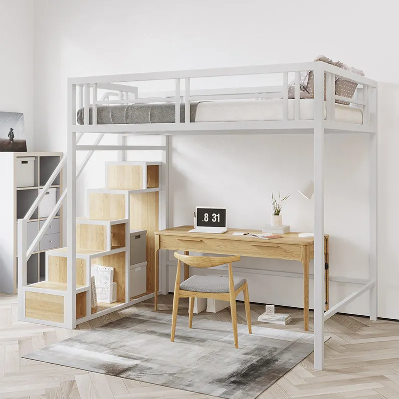 Wrought iron elevated bed duplex second floor bed sheet upper double floor small apartment space saving loft upper bunk apartmen