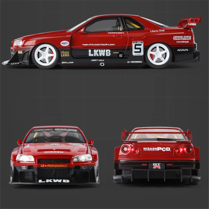 1:18 Silvia Skyline Ares GTR R34 Alloy Modified Wide Body Sports Car Model Diecast Raing Car Vehicle Model Sound Light Kids Gift