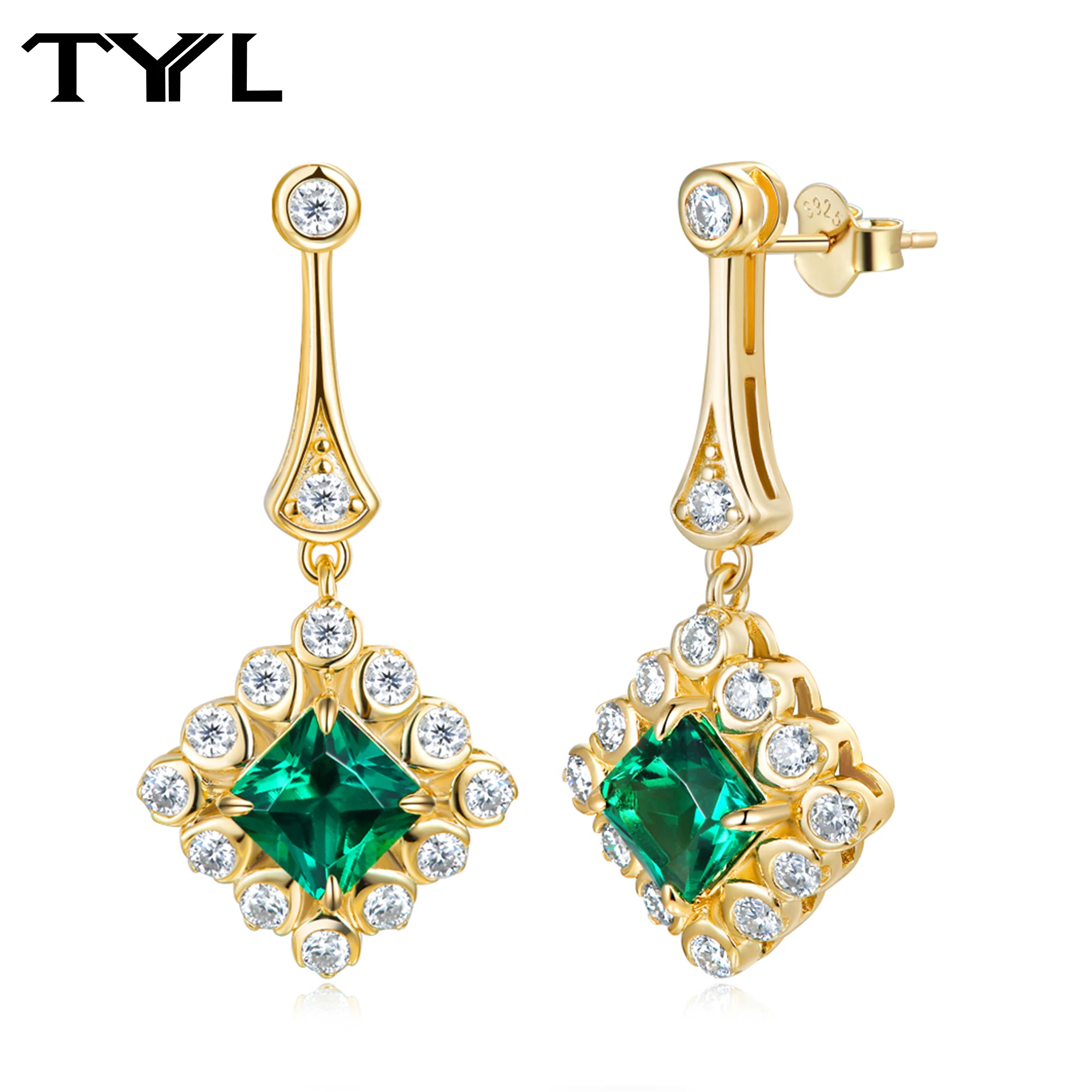 TYYL Lab Grown Emerald & D VVS1 Moissanite Drop Earrings Gold Plated Vintage Elegant Women Dangle Earring Party Banquet Jewelry
