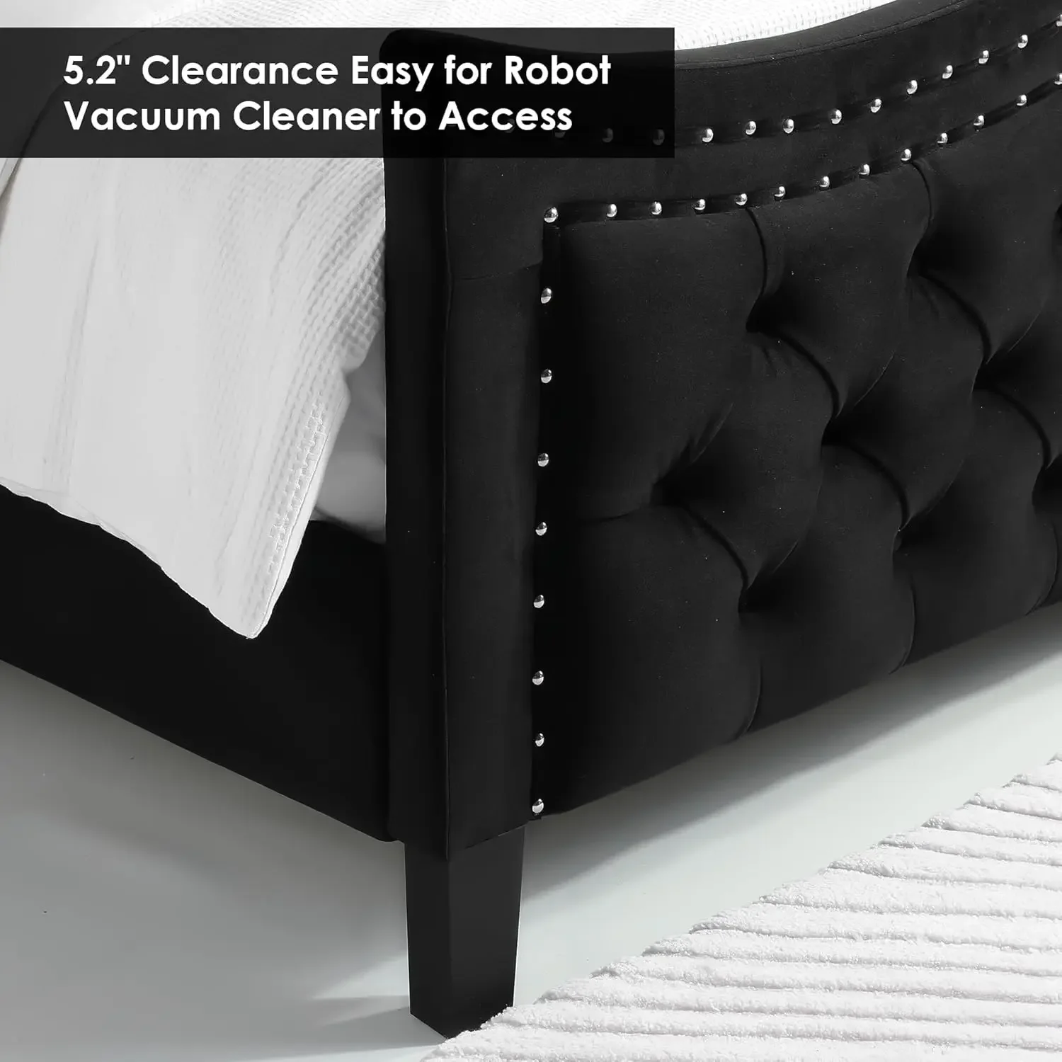 Queen Bed Frame, 55" Headboard Upholstered Bed with Tall Footbaord, Velvet Handmade Pleats Deep Button Tufted Wingback P