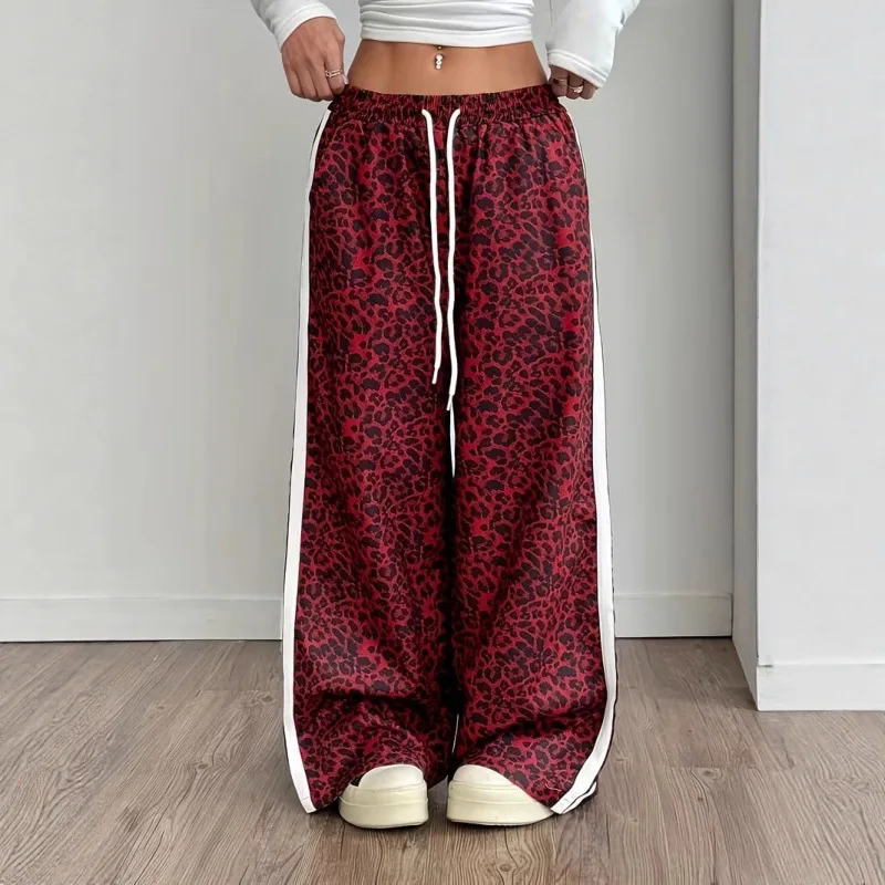 Women's Leopard Print Wide Leg Pants Casual Drawstring Elastic Waist Striped Splice Loose Streetwear Trousers Multi Color