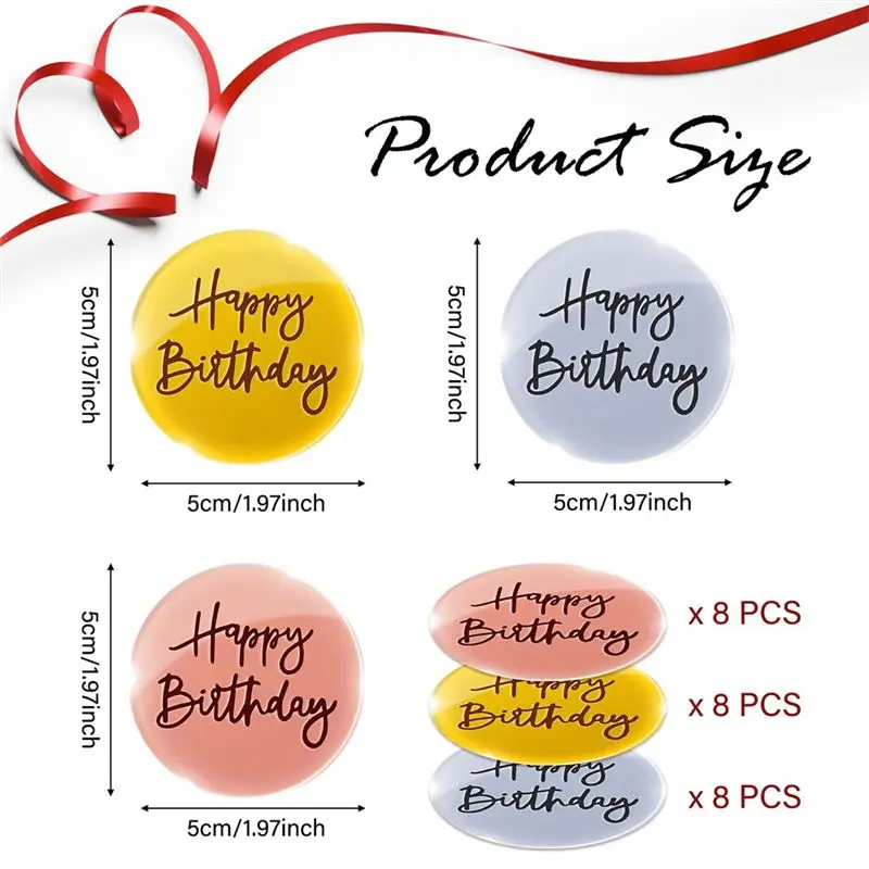 AA14 24Pcs Acrylic Cake Toppers Happy Birthday Mirror Cake Disc Mini Round Engraved Cupcake Topper for DIY Cupcake Decoration