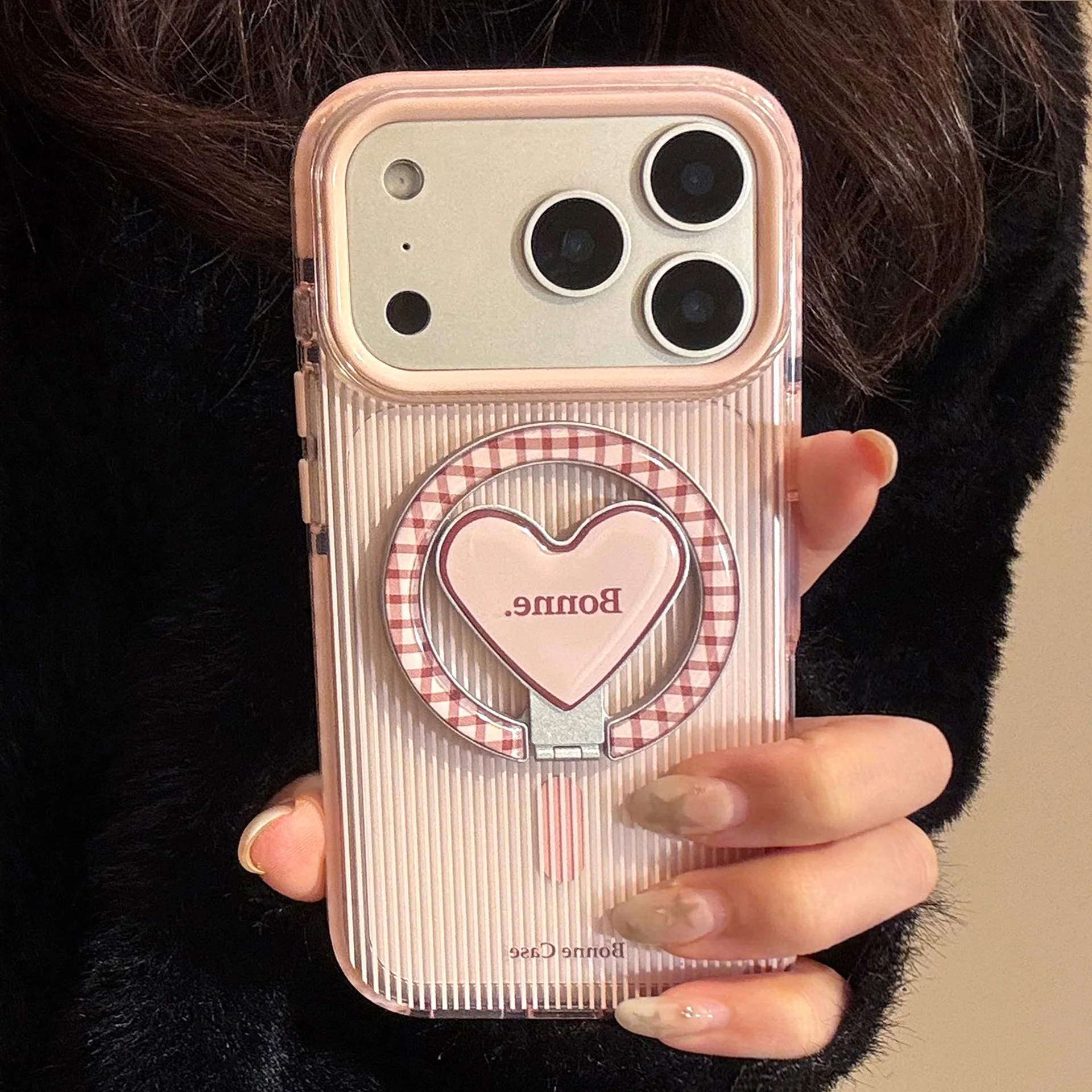Koreanische gestreifte Gitter Liebe Herz Falten Halterung magnetische Telefon Fall für iPhone 17 16 15 14 13 12 Pro Max stoßfest Soft Cover