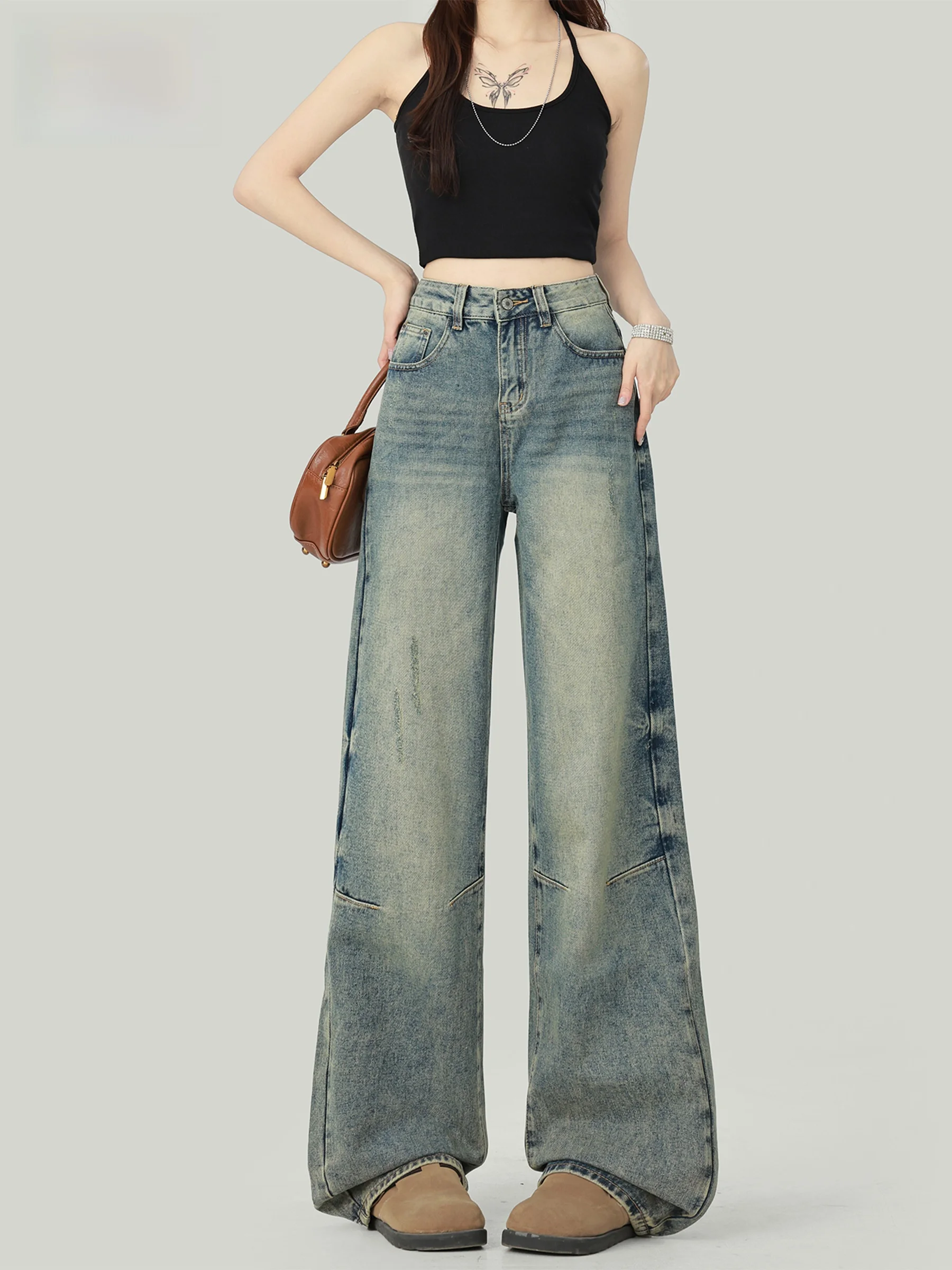 

Американские женские джинсы в стиле ретро: свободные, стройнящие, модные, струящиеся, широкие брюки с высокой талией, повседневный стиль, осенняя коллекция