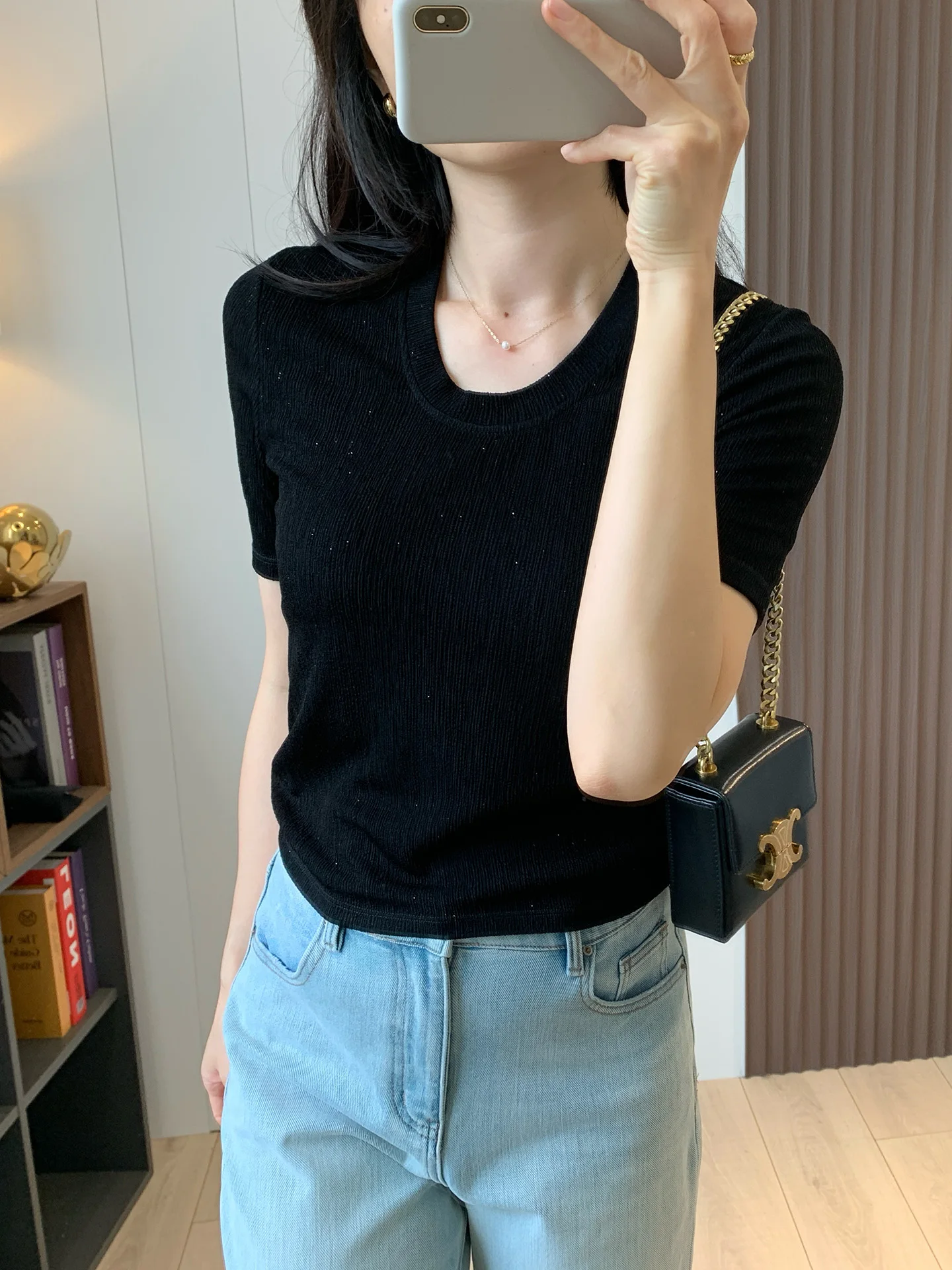 

iny Starry Sensation Ацетатная футболка Slim Fit ort Sve Повседневная футболка для поездок на работу Маленький блестящий топ U Ne