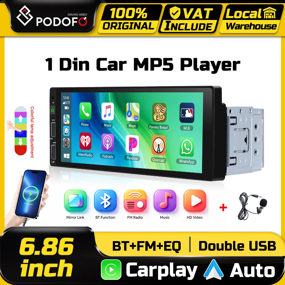 Podofo 6,86 Zoll Auto-MP5-Radio CarPlay Android Auto Intelligente Fahrzeugsysteme Mirror Link Farbige Hintergrundbeleuchtungseinstellungen BT EQ FM-Radio Stereo