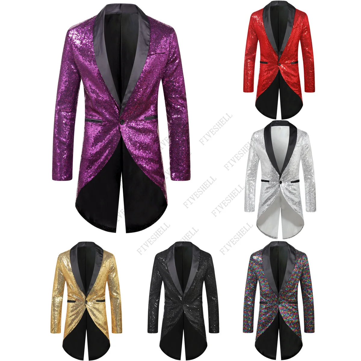 Mens Red Sequins Tailcoat Swallowtail Stylish Shawl Collar Single Button Suit Blazer Jacket Men Party Stage Singer Costume Homme