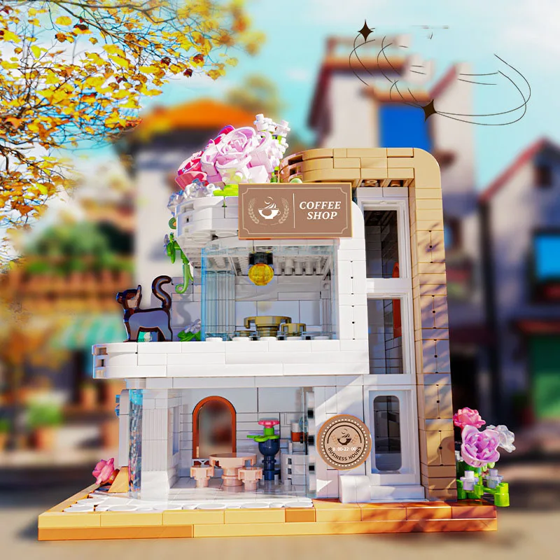 Idée Nanobrick Street View fleuriste café Micro bloc de diamant magasin de fleurs café maison Architecture construction brique jouet pour cadeaux