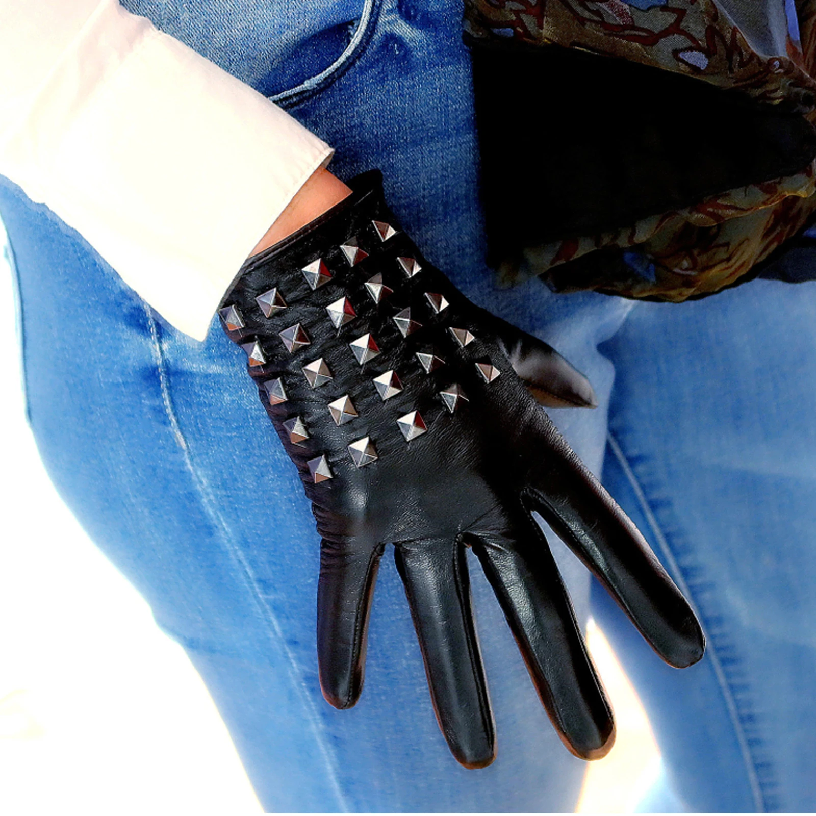 DooWay Genuine Leather Short Gloves with Studs Fully Studed Real Lambskin Sheepskin TECH Winter Warm Party Cosplay Driving Glove