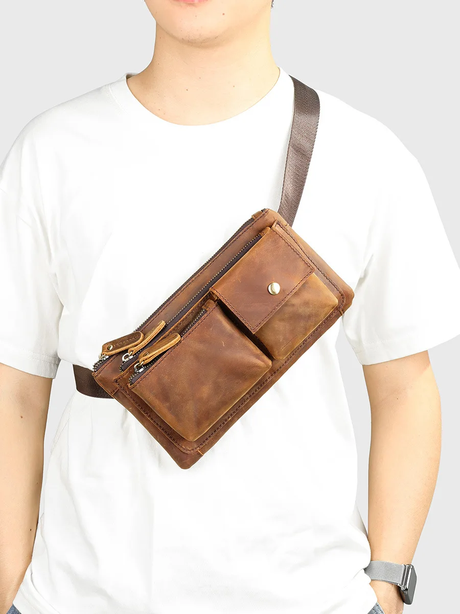 Imagem -02 - Bolsa de Cintura de Couro de Camada Superior para Homens Bolsa de Peito de Couro Real Casual Bolsas de Ginástica Portáteis Mensageiro Malote Masculino