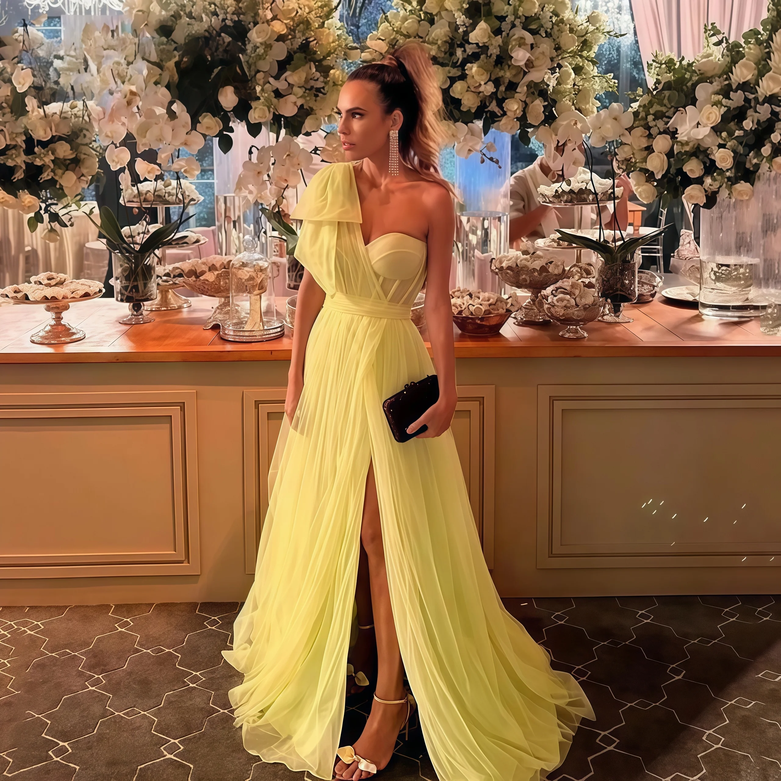 

Yellow One-Shoulder Prom gown Elegant Sweetheart Neckline Ruffled A-Line Side Slit Special Occasion Evening Dress New