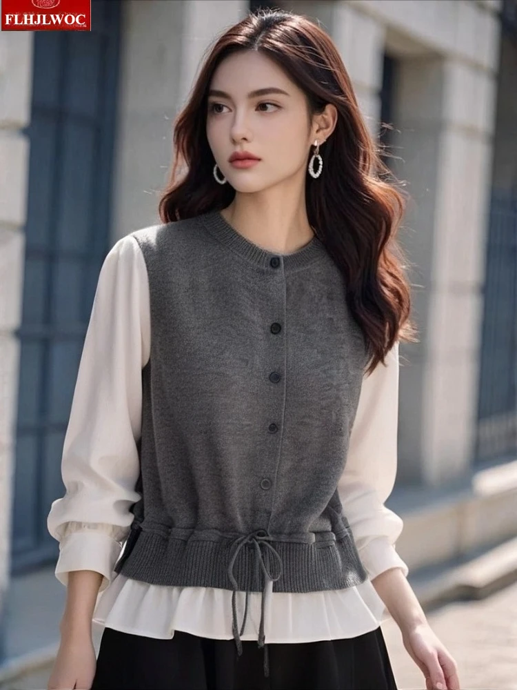 

Hot Pullovers New Design Woman Fashion Cute Preppy Style Girls Patchwork Peplum Tops Fuax 2-Piece Design Knitted Sweater Shirts