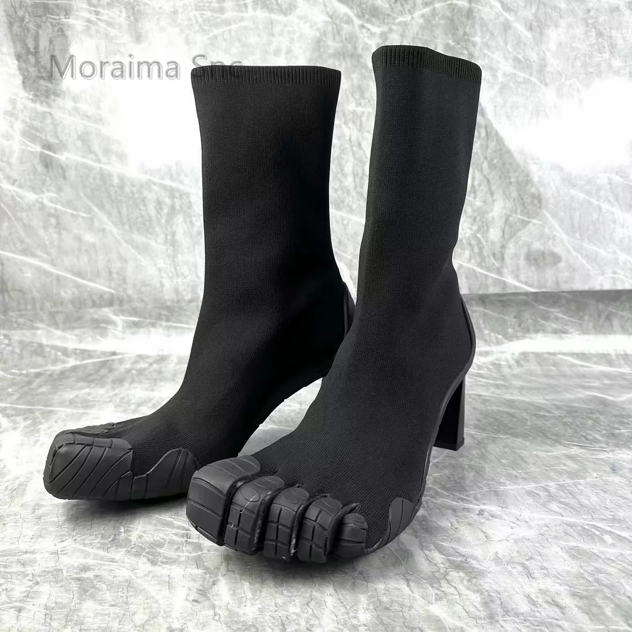 Botas de malha meia com cinco dedos para mulheres, botas de salto alto, cor preto e vermelho, estilo novidade