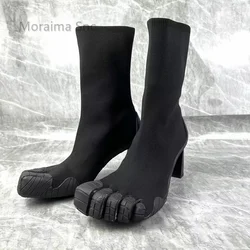 Fünf Finger stricken Sockens tiefel für Frauen Neuheit Stil High Heels für Frauen Boote schwarz rot kurze Stiefeletten Damenschuhe