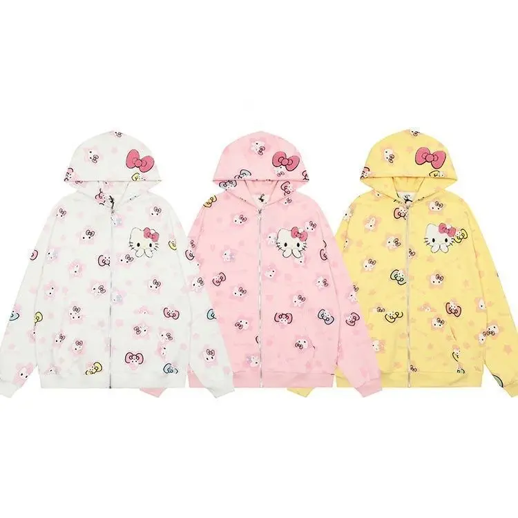 Sanrio Hello Kitty Autumn Hooded Cardigan Zipper Sweatshirt Cute Sweet Girl Loose Comfortable Sweatshirt Women Coat Kawaii Gift