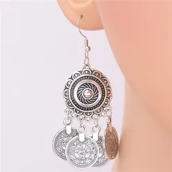 1Pair Flowers Round Shaped Circle Drop Earrings With Coin Carved Jewelry For Women Boho Style E963