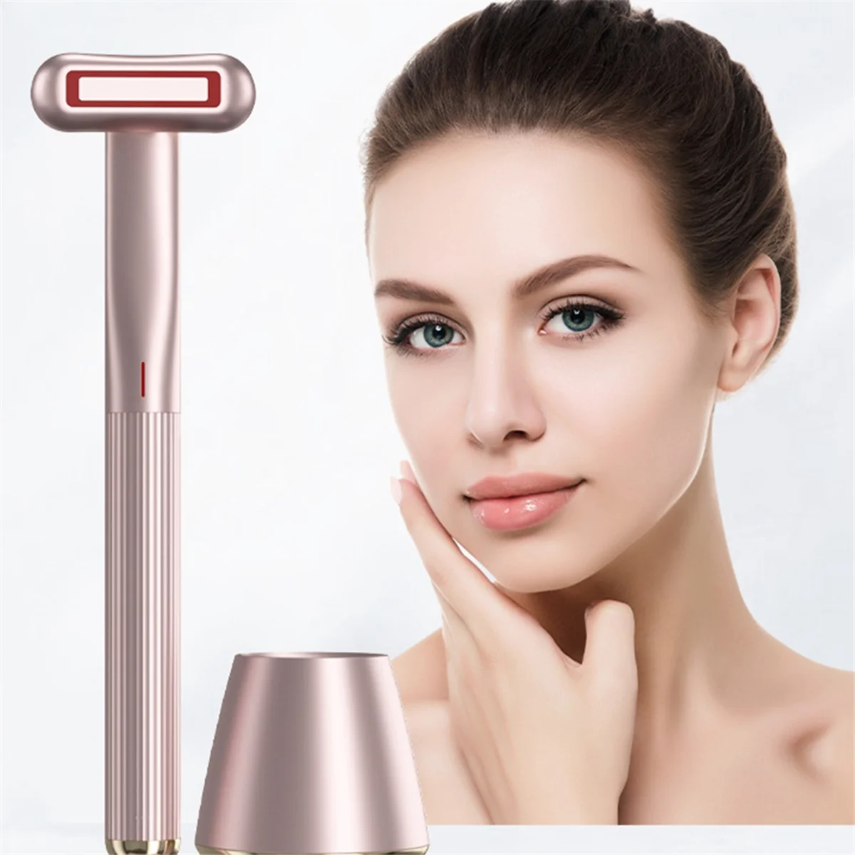 Calor terapêutico massagem facial luz led vermelha 4 em 1 ferramenta de cuidados com a pele varinha reduzir rugas anti-envelhecimento ferramentas de cuidados faciais (rosa)