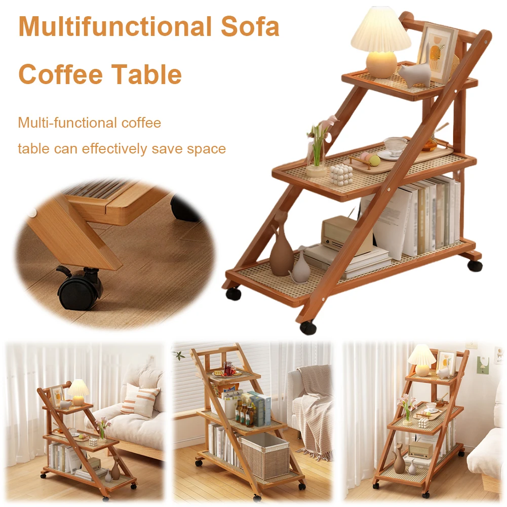 

Adjustable End Table with Wheels with 3-Tier Storage Shelves Mobile Side Table Bedside Table with Wheels for Living Room Bedroom