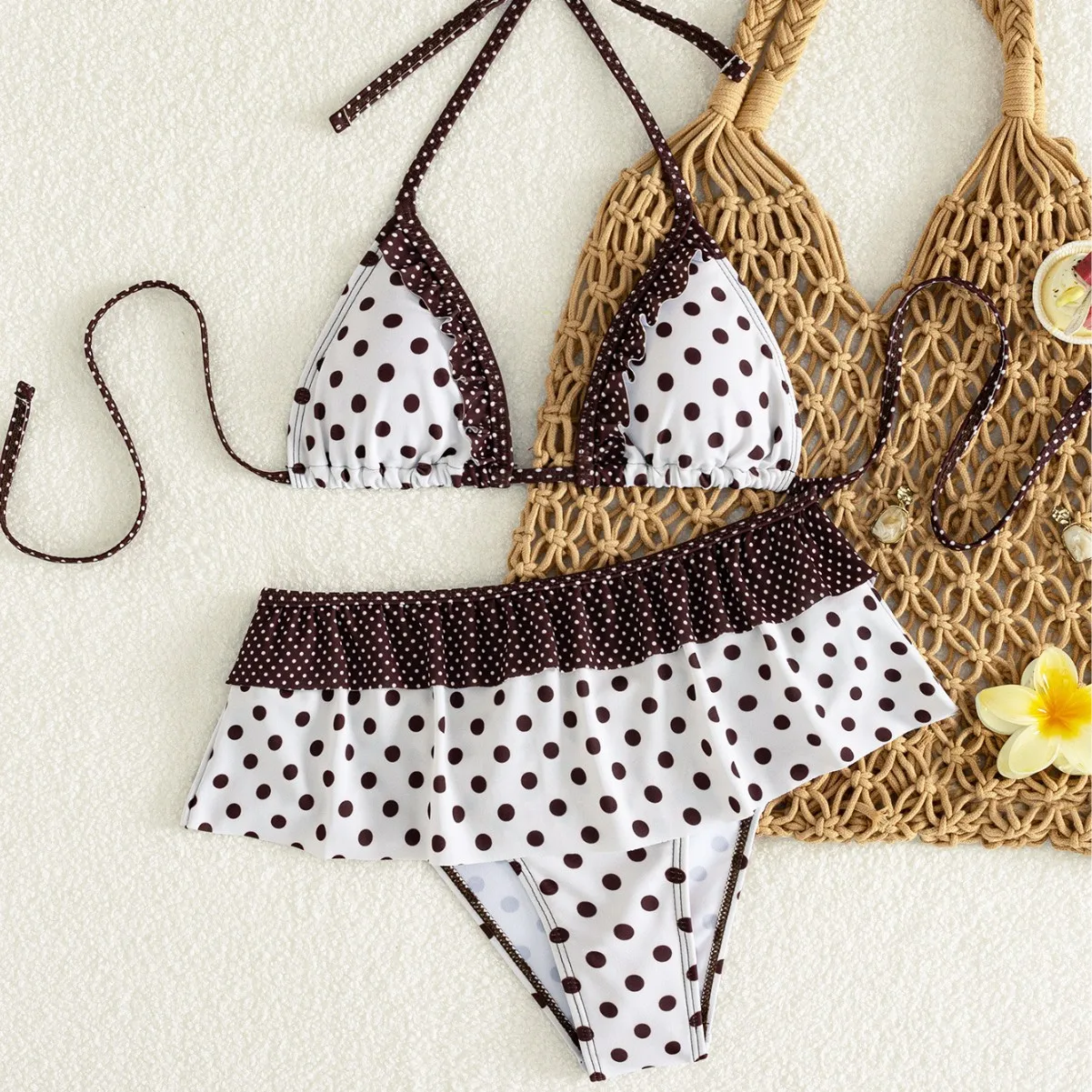 Women Vintage Polka Dot Halter Skirted Bikini 2 Piece Set Swimwear Beach Bathing Suit Ruffle Tiered Skirt Tummy Control Swimsuit