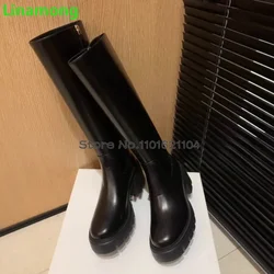 Black Thick Sole Luxury Platform Boots For Female Women 2025 Winter Round Toe Side Zipper Leather Fabric Fashion Elegant Shoes