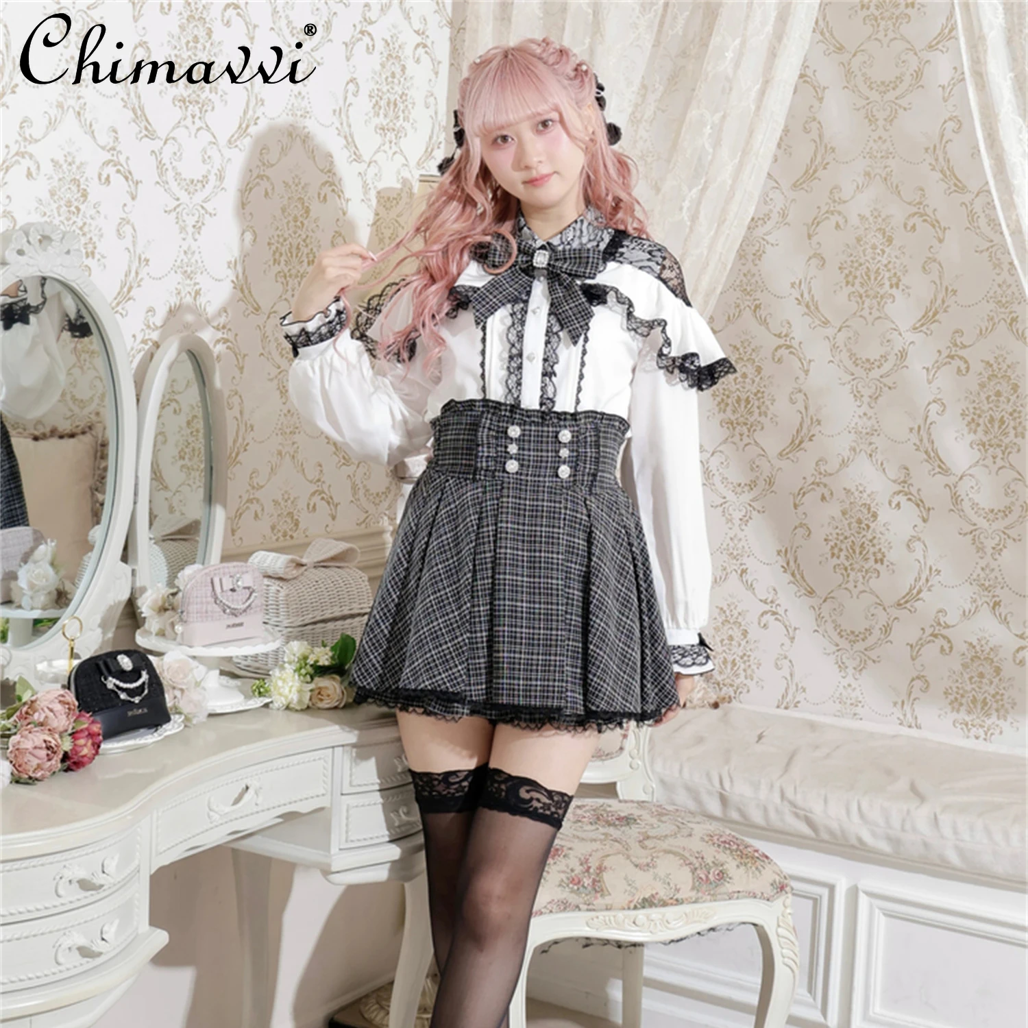 和菓子系可愛い地雷シリーズ量産型リボン付き長袖シャツ2025秋新作レース長袖ロリータブラウストップ