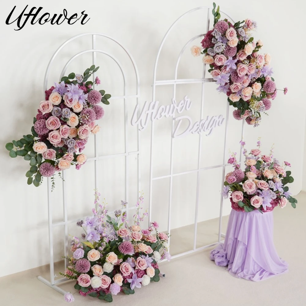 

Uflower Purple Artificial Flowers Hanging Flower Row Outdor Wedding Decoration Road Leading Floor Flower Ball Floral Backdrop