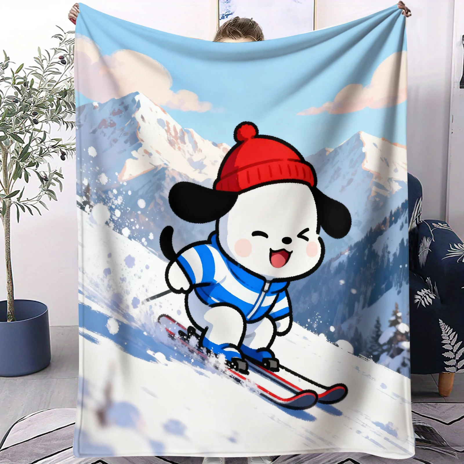 Cartoon Sanrio Dog Pochacco Flannel Throw Blanket for Sofa Bed Warm Soft Fluffy Kid and Adult Outdoor Travel Picnic Camping Gift