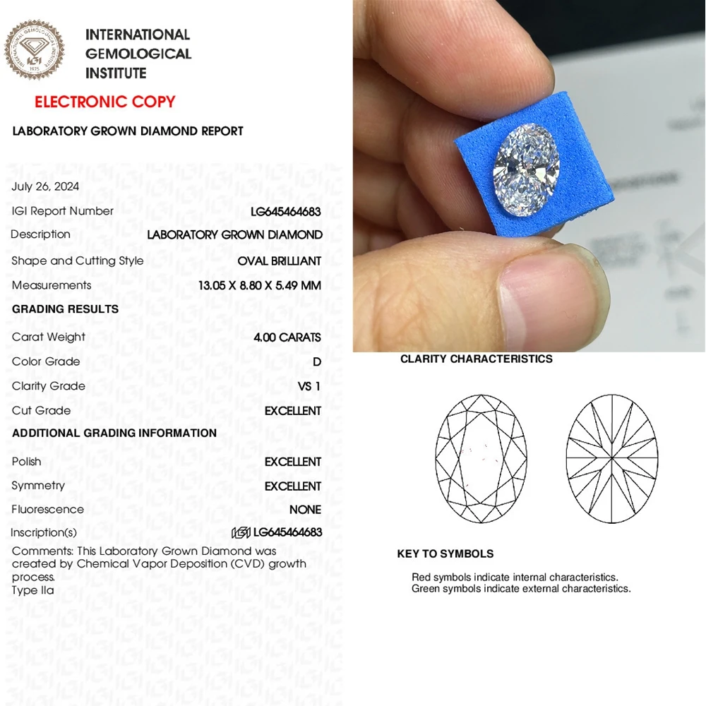 

Алмазный камень CVD овальной огранки Сертификат IGI 1ct-3cts VS1 D Свободный лабораторный выращенный бриллиант