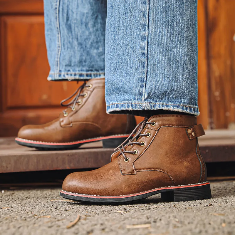 Luxury Retro High Men's Leather Shoes Dress Business Working Male Boots New Lace-up Flat Casual Comfortable Men Shoes Zapatillas - view 3