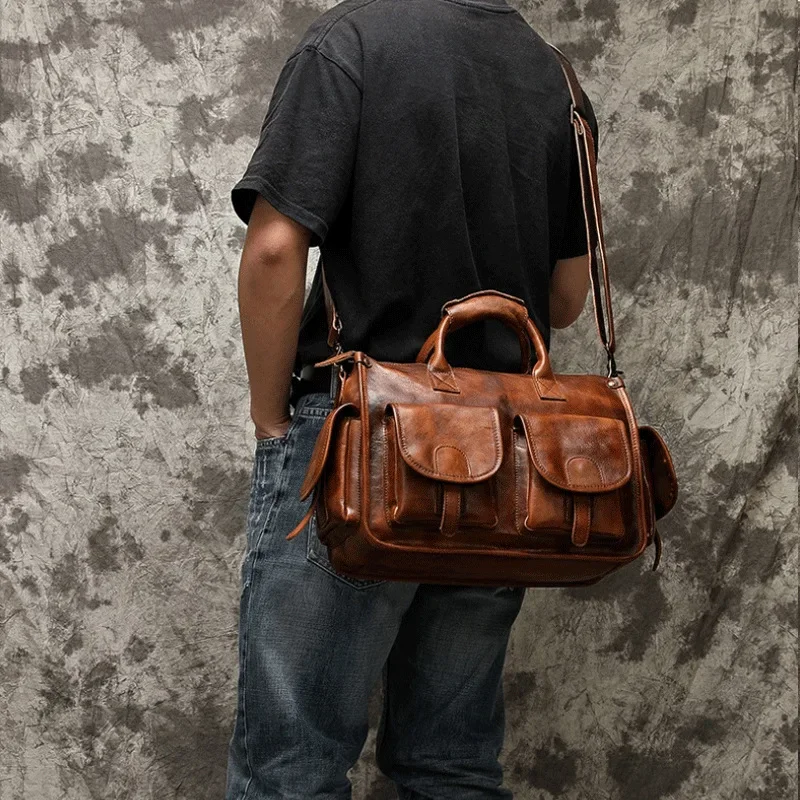 LBS Head layer cowhide casual crossbody bag for men, vintage Cambridge bag, genuine leather handbag, messenger bag