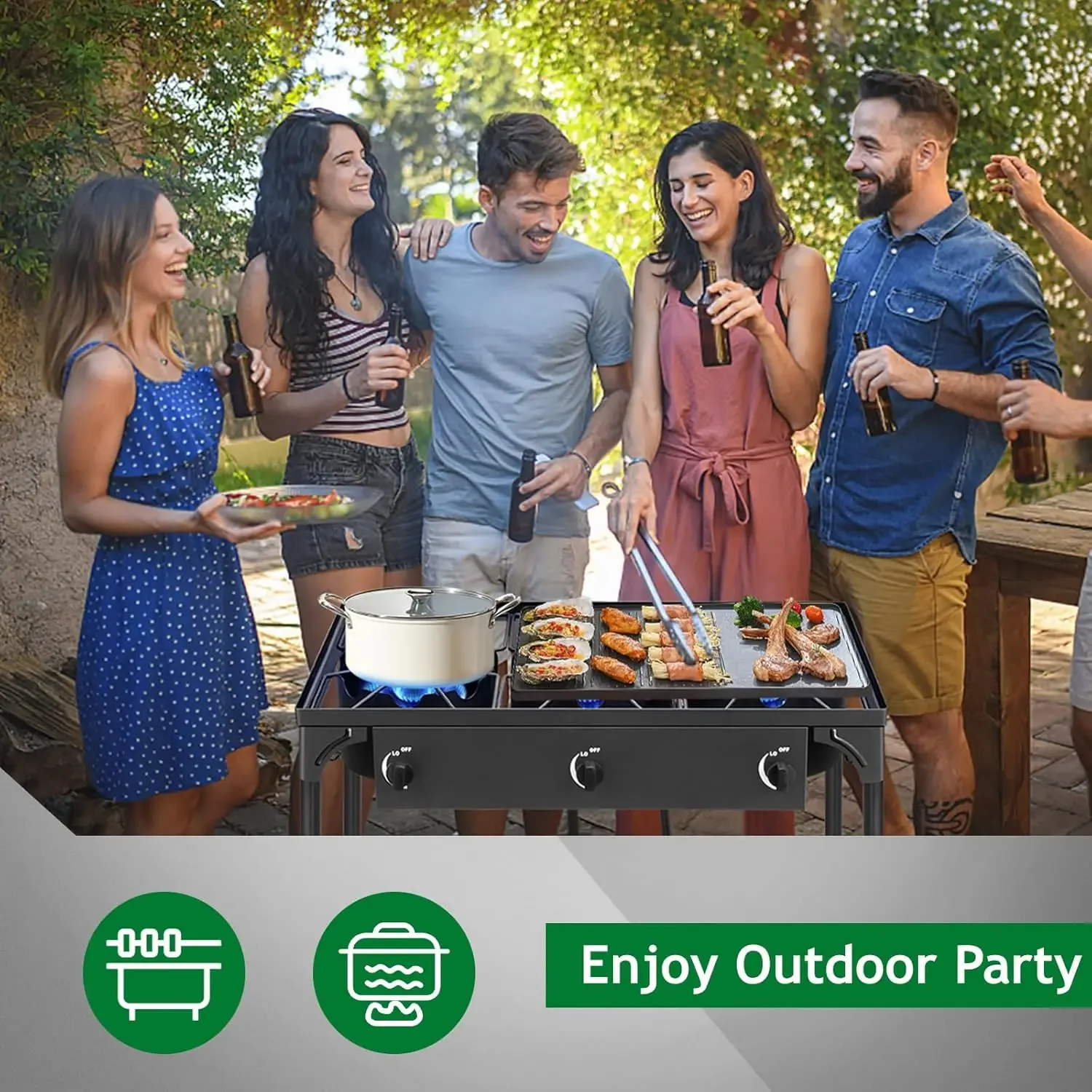 Estufa de gas propano de 3 quemadores para cocinar al aire libre, cocina de camping de 225.000 BTU con patas extraíbles, perillas de control de temperatura