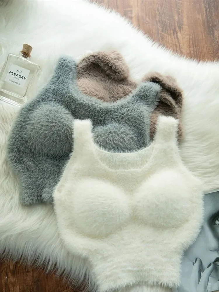 Winter Faux Lambskin Women's Camis Korean Chic With Chest Pad Plush Casual Y2k Sexy Slim Thick Fleece All Match Vest Mujer