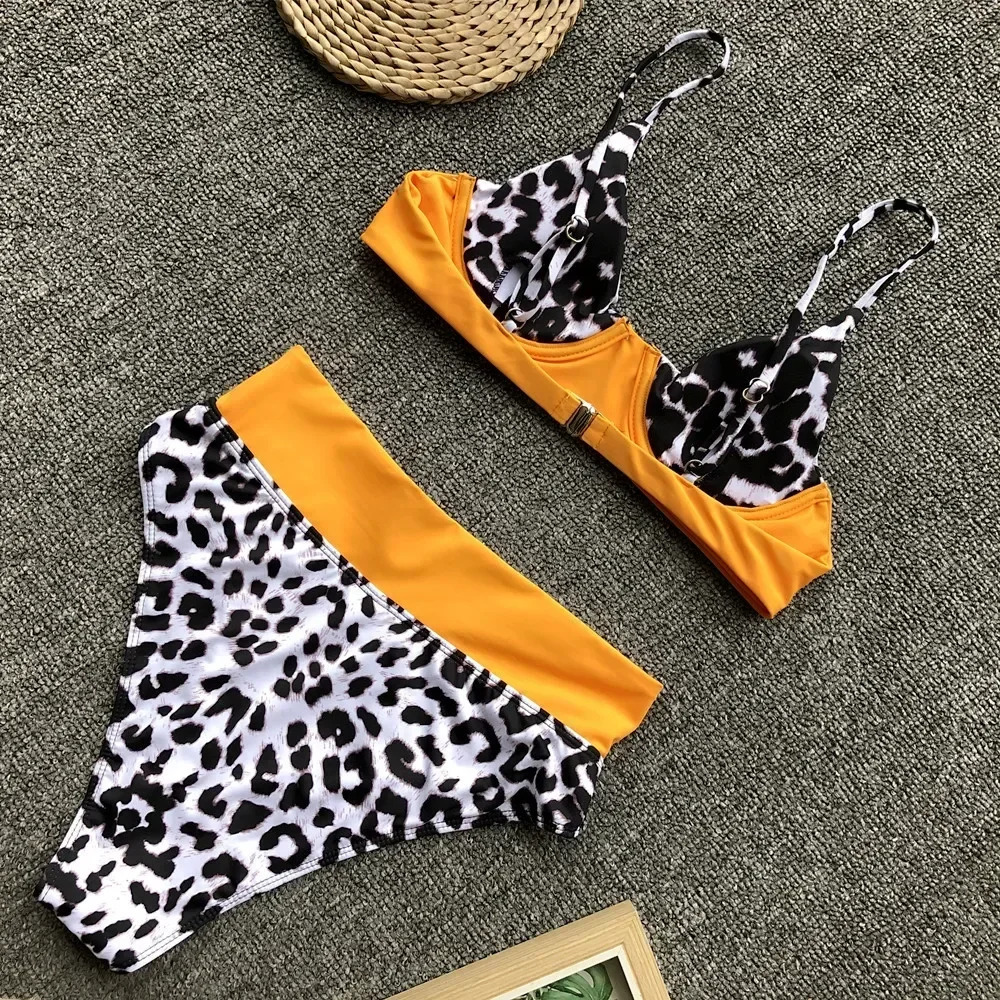 2025 Sexy Bikini Women Swimwear Swimsuit Push Up Leopard Patchwork High Waist Bikinis Set Bathing Suit Beach Bikini Taille Haute