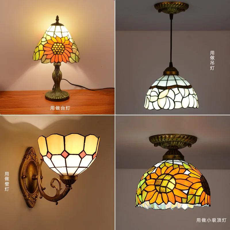 ヴィンテージステンドグラスランプシェード交換-e27-バロックティファニースタイルテーブルランプリビングルーム寝室の装飾天井吊りライト