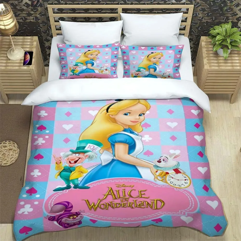 Alice in Wonderland Bedding Set Cartoon 3 Pieces Set Bed Set King Size Pillowcase Kid Adult Bed Cover Bedroom Bed Set