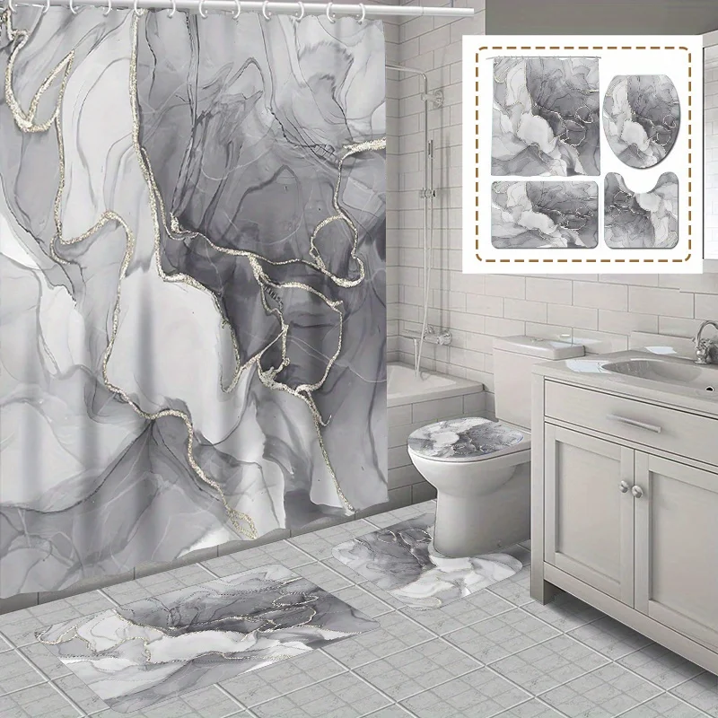 Elegant Marble Design Bathroom Set: Waterproof Shower Curtain, Toilet Seat Cover, Non-Slip Rug, And 12 Hooks - Polyester Fabric,