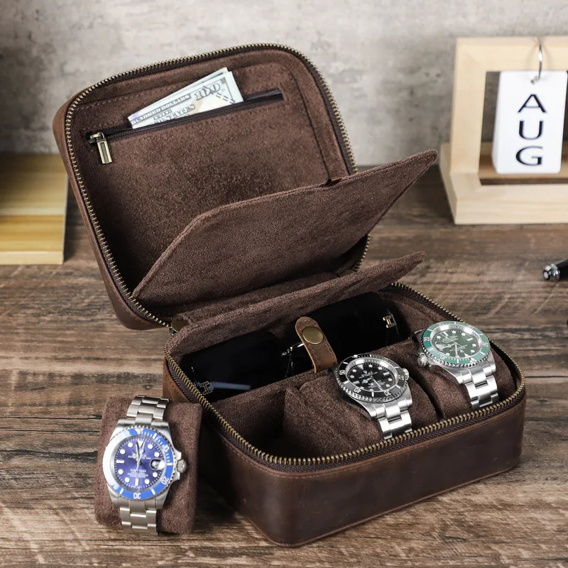 

Vintage Leather Travel Portable 3-Packing Watch Glasses Storage Box Cowhide Multifunctional Leather Watch Case