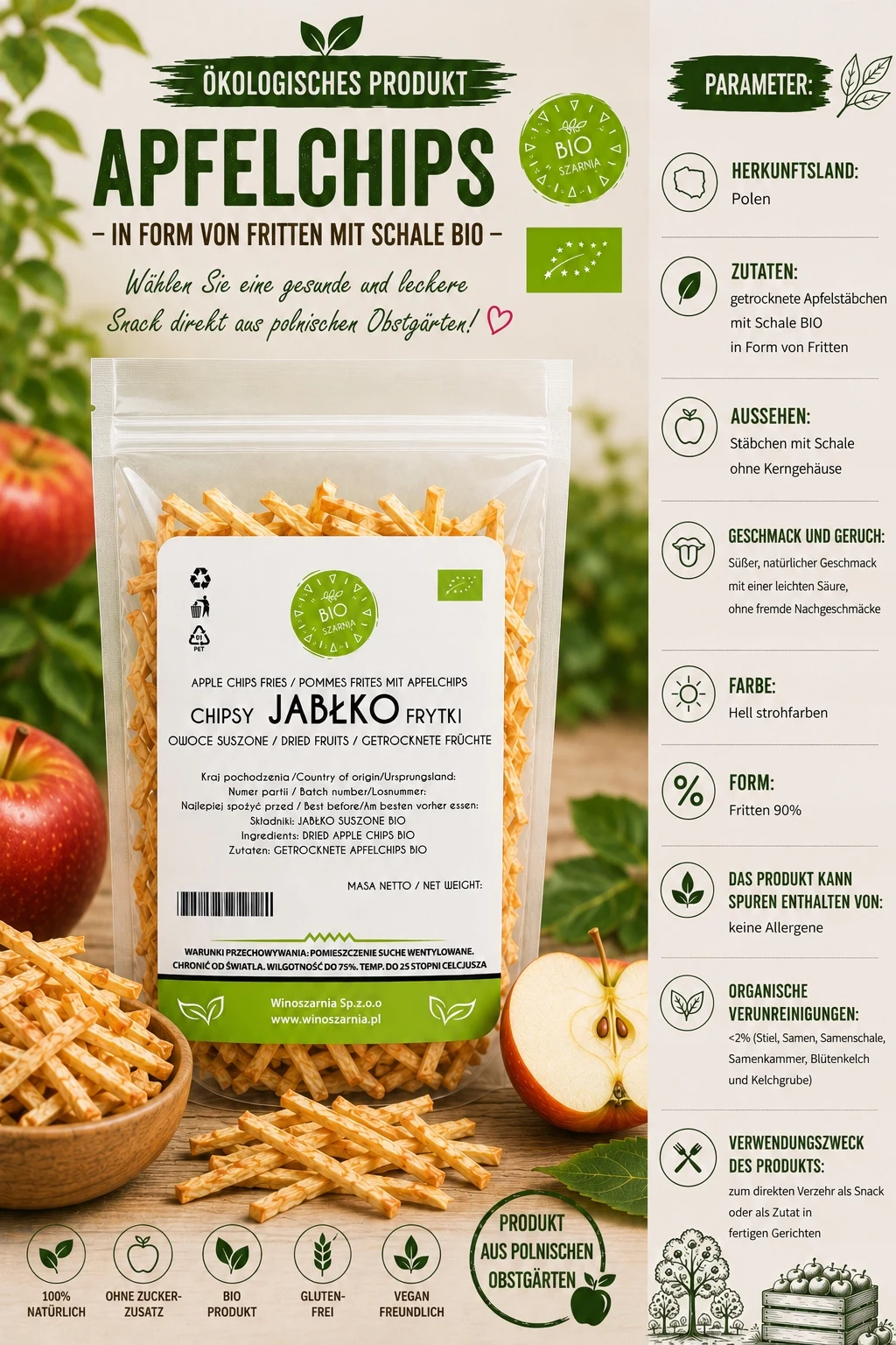 Bild 5: Apfelchips, getrocknete Äpfel, BIO, 100 g, geschnittene Äpfel mit Schale