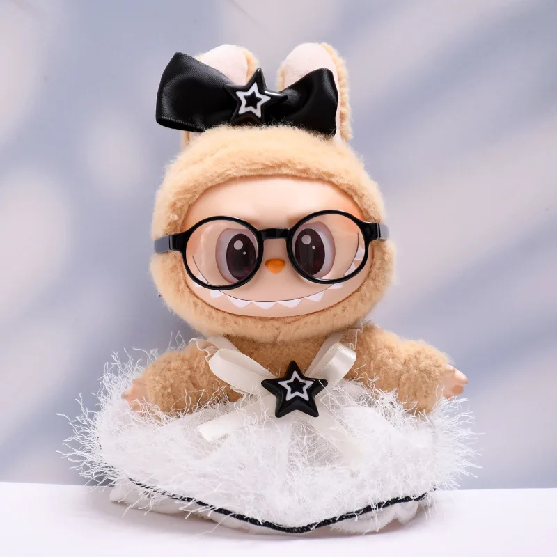 Labubu Doll Clothes White and Black Starry Furry Dress 15/17cm Plush Doll'S Clothes Replacement Sitting Party Accessories