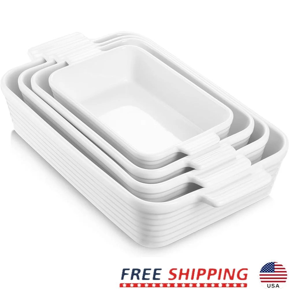 

4-Piece Porcelain Baking Dishes Set Ceramic Casserole Dish Oven Safe Rectangular Bakeware with Handles Deep Lasagna Pan Kitchen