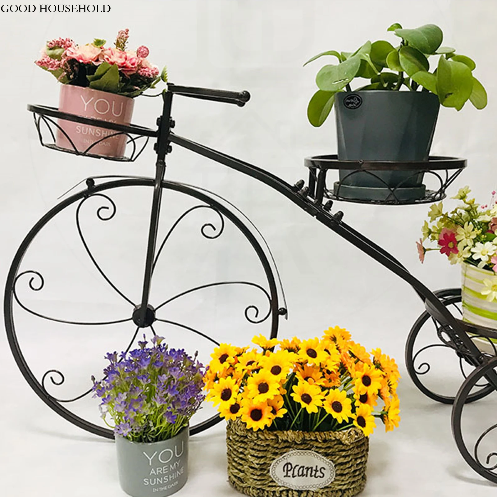 Outdoor Indoor Flower Pot Black/White Bicycle Plant Stand Yard Iron Basket Shelf Home Garden Decor