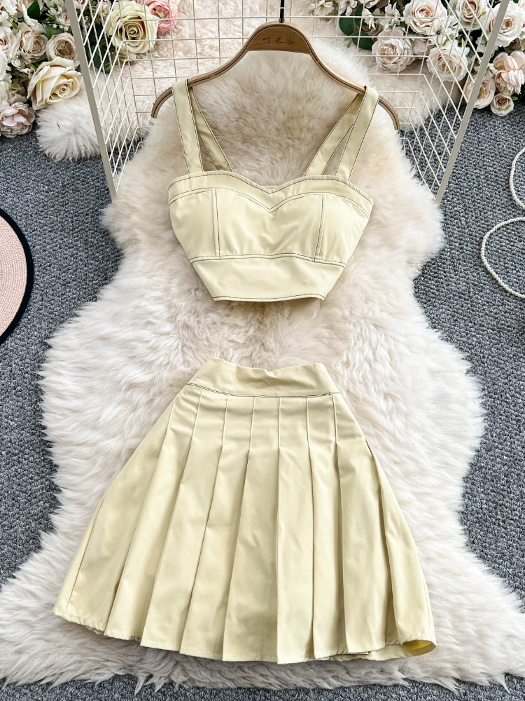 Estilo americano sexy almofada no peito e sem alças denim curto regata + cintura alta emagrecimento saia curta plissada conjunto de duas peças