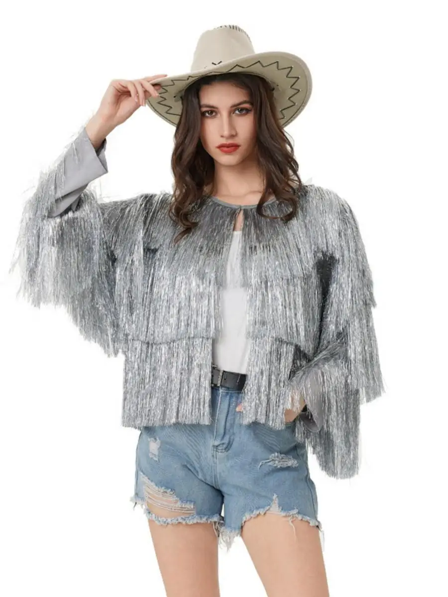 Silver Tead Tassel Long Sve Jaet Spring Summer loween Open Cardigan Women's Sle Loose Fit Adult Fem Costume