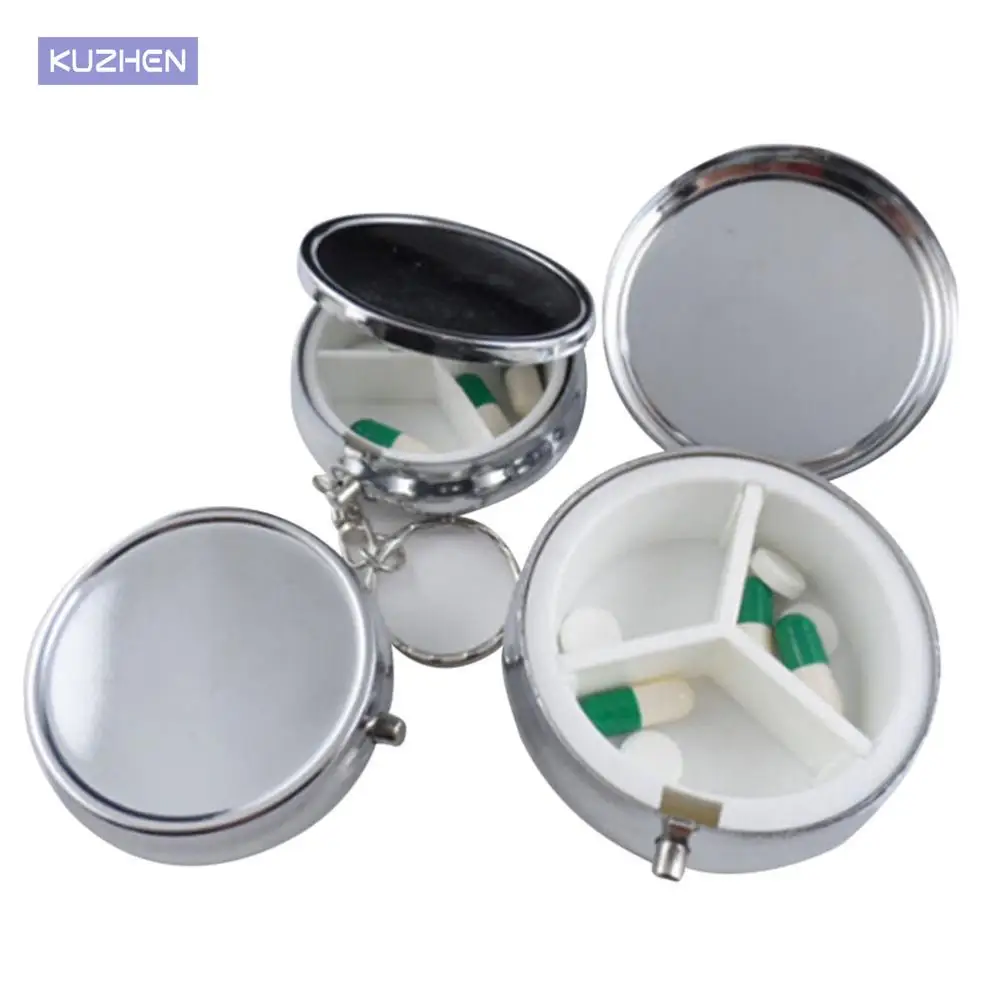 Metal Round Silver Tablet Pill Boxes Holder 3 Cell Metal Round Medicine Case Small Case Silver Tablet Pill Boxes Container