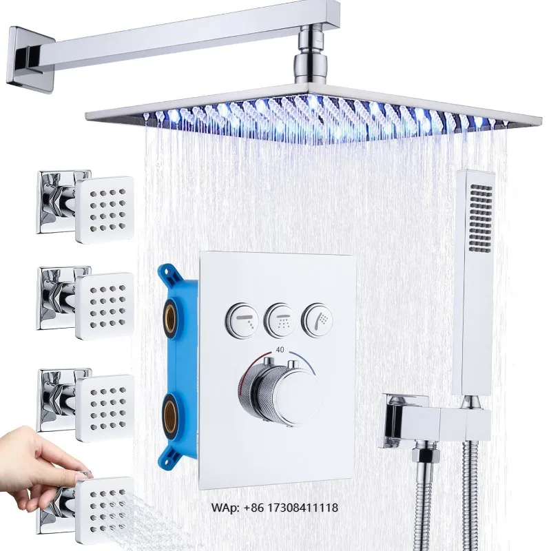Light Emitting Diode Rain Thermostatic Shower System Chrome Rain Shower Head and Faucet Set